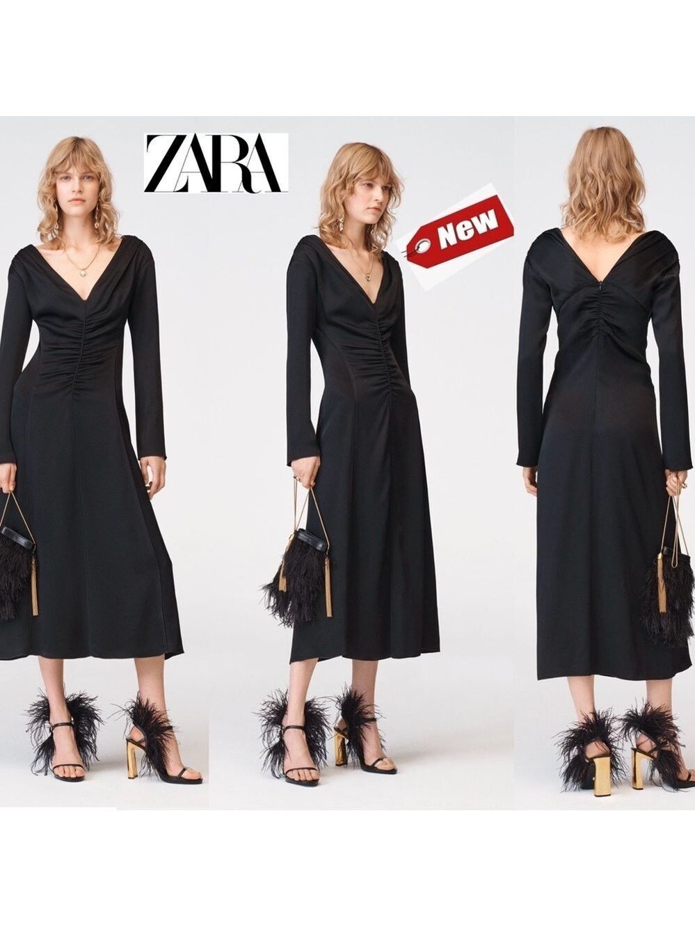 Zara Studio Collection limited edition black A-line V- neck pleated midi dress M